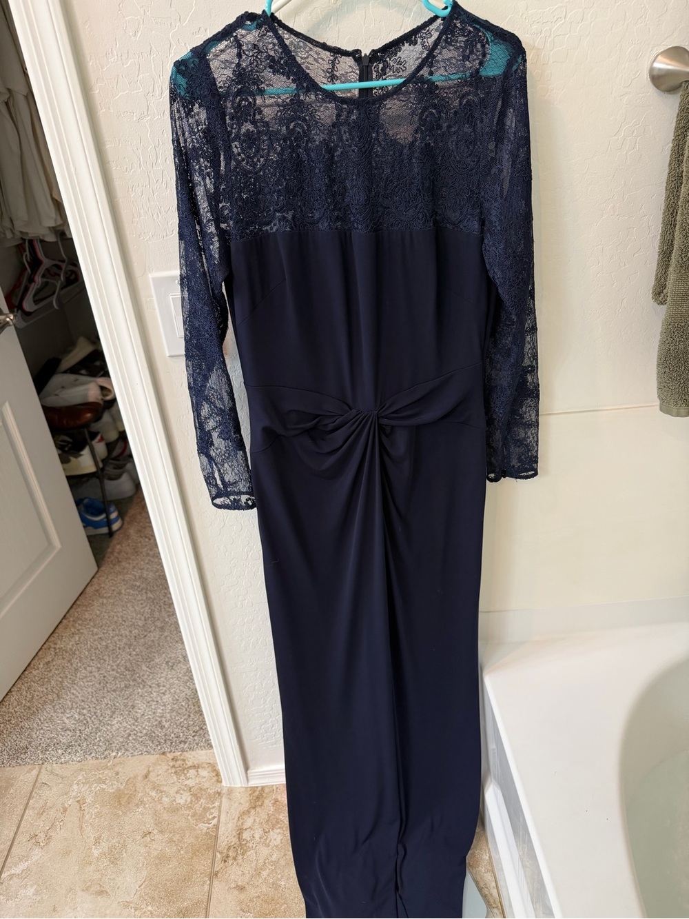 David Meister Navy Lace Bodice Long Sleeve Gown with Twist Waist